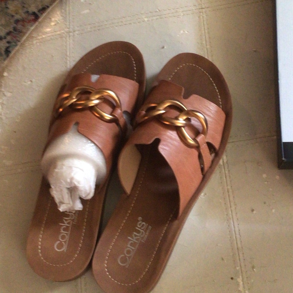 Corkys Tan Slide Sandals with Gold Chain Accent
